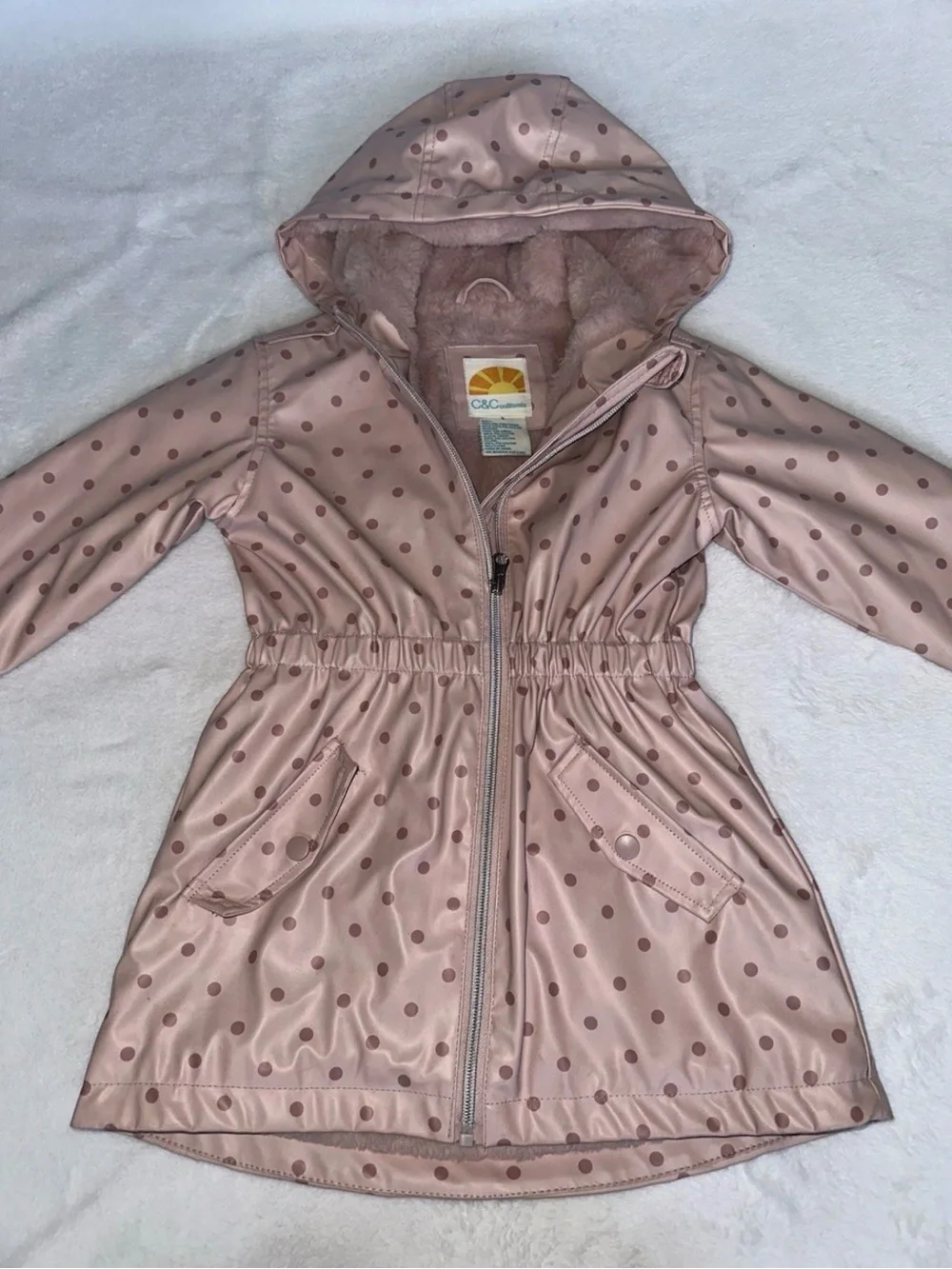 C&C California Girls Pink Polka Dot Jacket Faux Fur Lined Coat 5